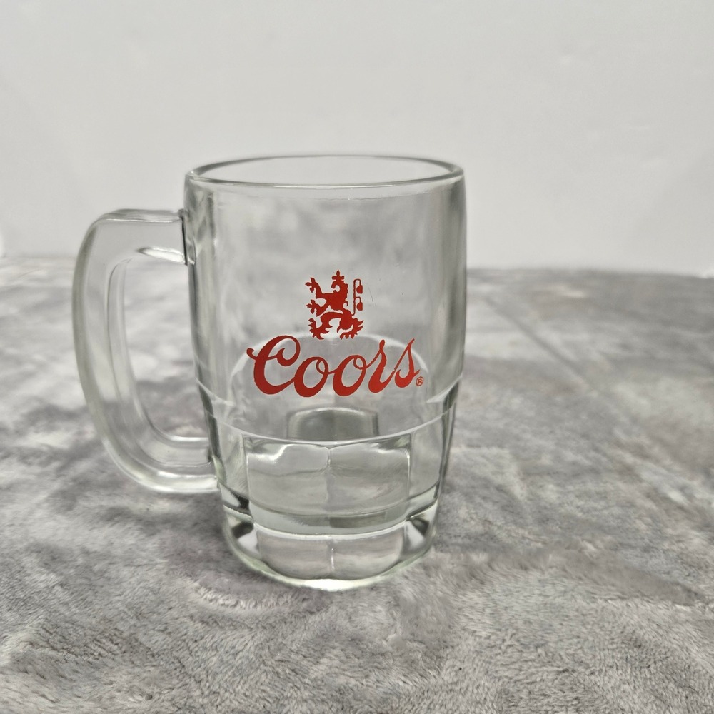 Vintage Coors Beer Mug Clear Glass Red Logo Lion Crest Paneled Base Barware